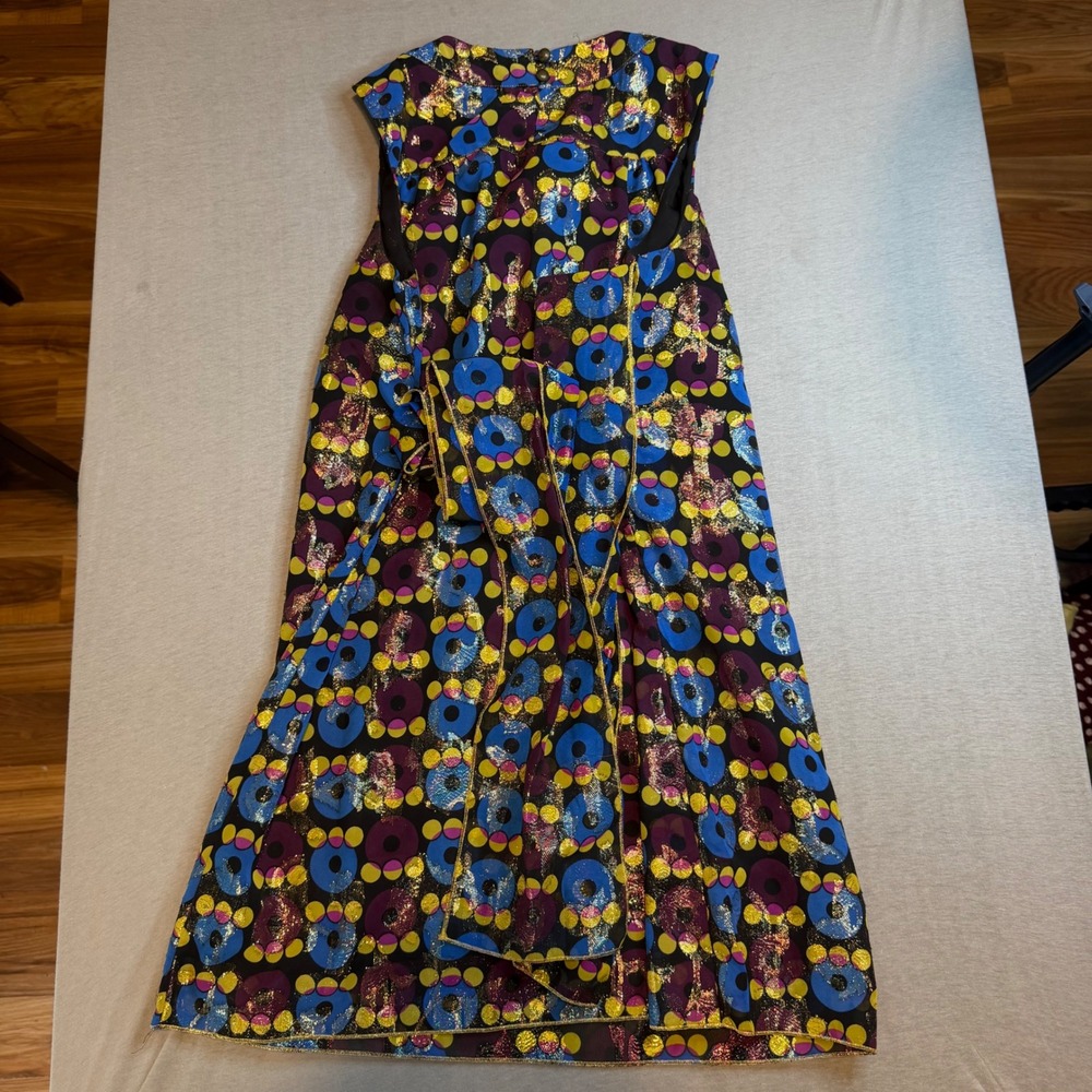 Anna Sui Metallic Geo dot vtg Print Sleeveless Shift Dress Size 1 - Picture 2 of 4